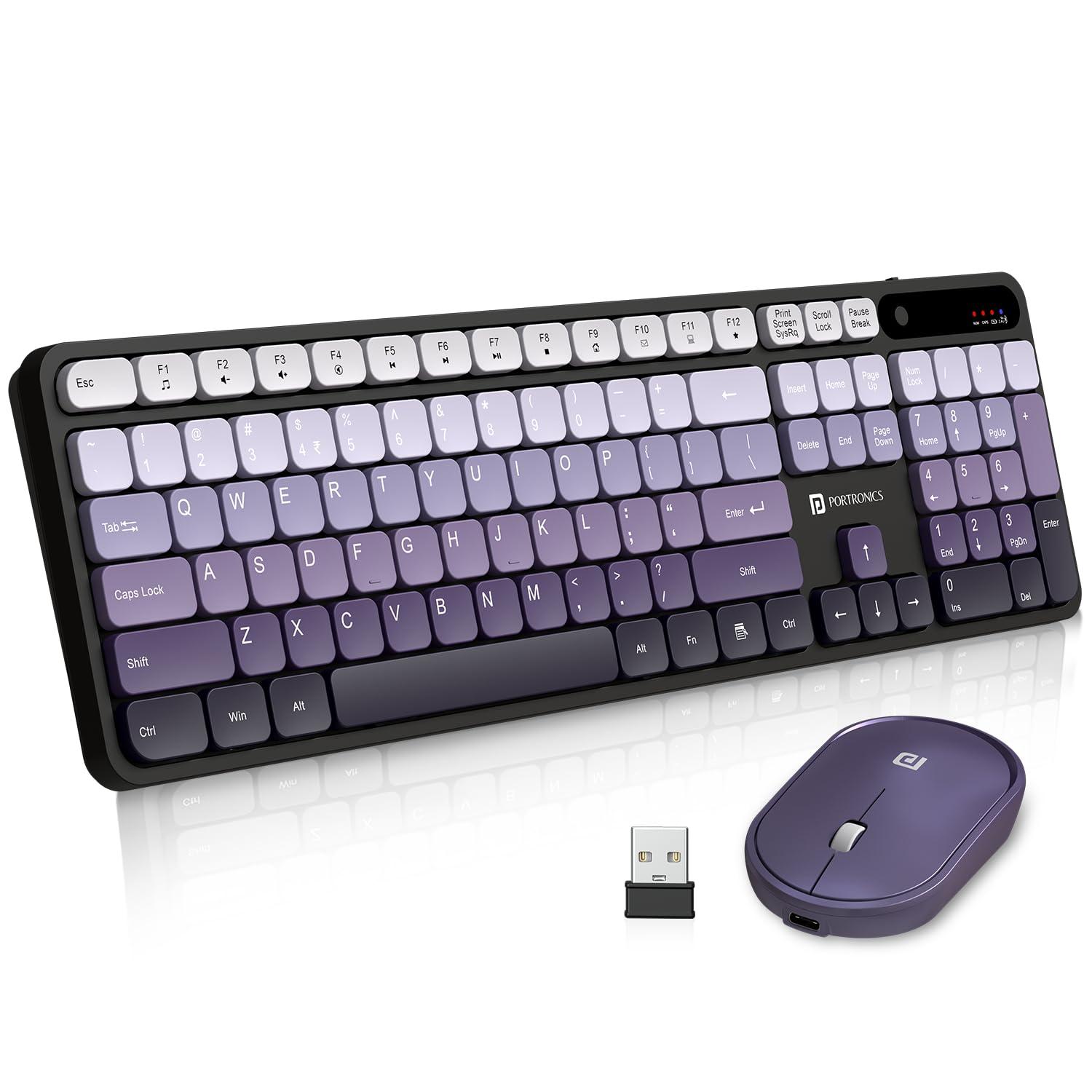 Portronics Key11 Combo Rechargeable Wireless Keyboard and Mouse Set, Bluetooth 5.3&2.4GHz Wireless,Type-C Fast Charging,Gradient Keys, Noiseless Typing, High Precision Mouse, for PC&Laptop(Purple)
