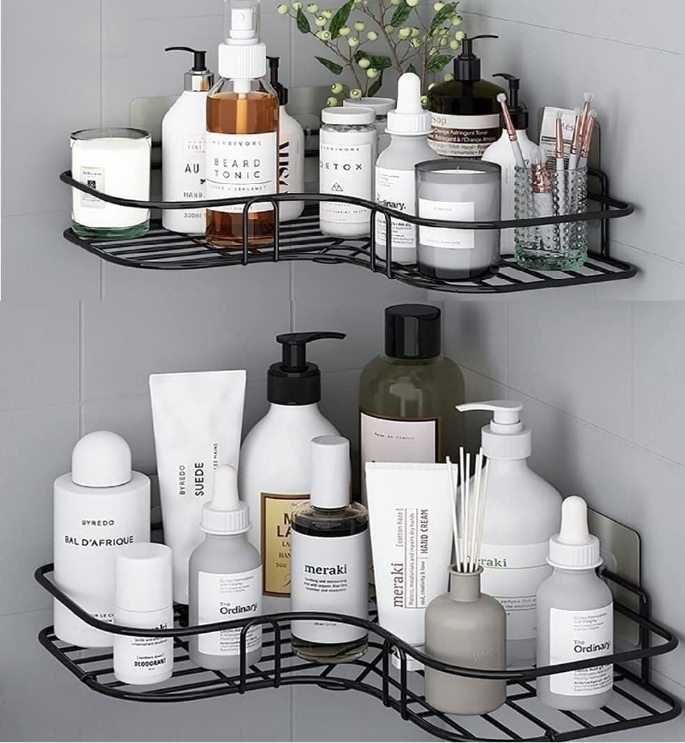 TEKCOOL Pack of 1 Self-Adhesive Shelf/Storage Organizer for Bathroom and Kitchen Corner Wall Mounted Rack Shelf Bathroom Accessories No Drilling Adhesive Storage Rack|New Black