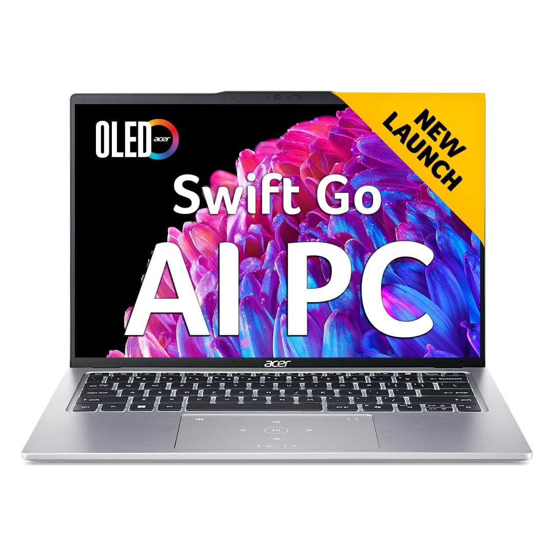 acer Swift Go 14, AI PC, Intel Core Ultra 5 125H, Office 2024 + M365 Basic, 16GB LPDDR5X/512GB SSD, 14-inch OLED WQXGA /1440p Camera, Win 11 Home, Pure Silver, 1.3 Kg, SFG14-73, Premium Laptop