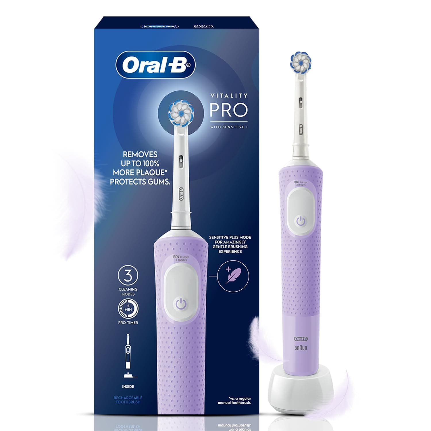 Oral-B Vitality Pro Rechargeable Electric Toothbrush for Adults | 3 Brushing Modes: Daily, Sensitive & Sensitive+ | 2-Min Timer with Quadpacer | IPX7 Waterproof | 2 Year Warranty | Round Brush Head (Lilac)