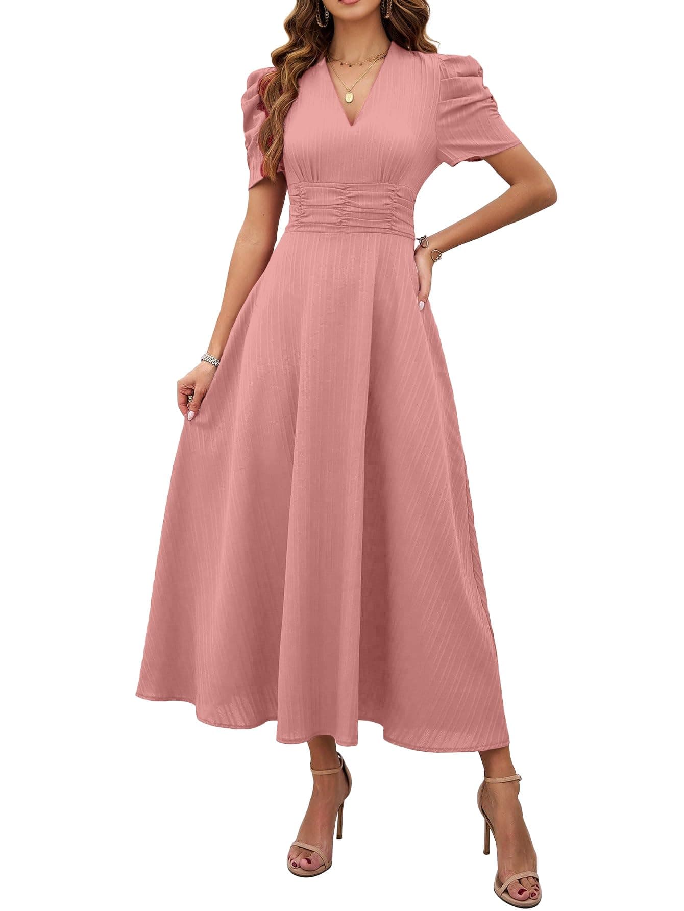 Shasmi Girl's & Women's Peach Solid Color V-Neck A-Line Maxi Dress for Women | New Year Party Outfit | Waist Cinched Puff Sleeve Western Dress | Elegant Casual Wear (Dress 246 Peach-XL)
