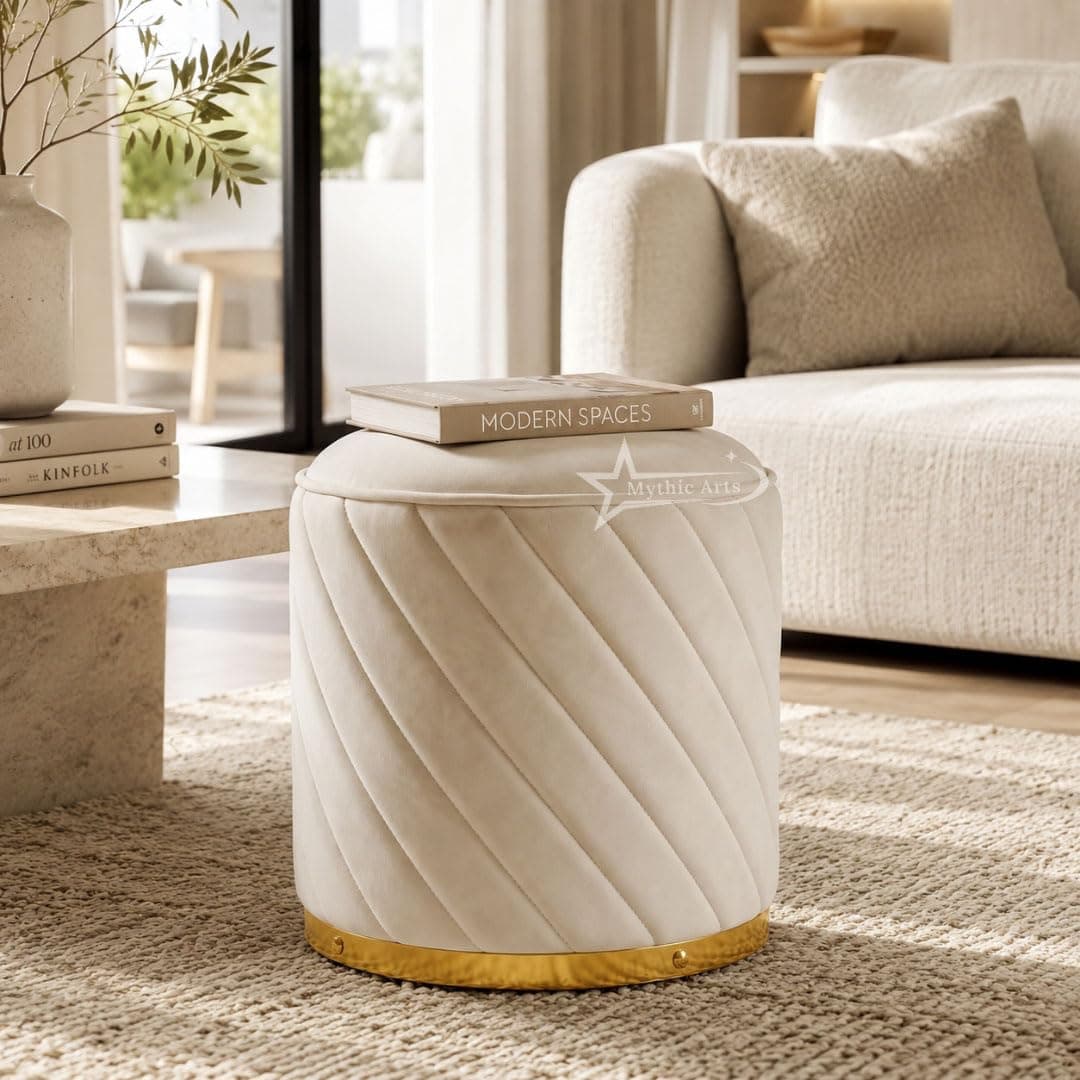 Mythic Arts Ottoman Stool, Puffy Stool, Sitting Stool, Modern Upholstered Round Ottoman, Dressing Table for Living-Cream