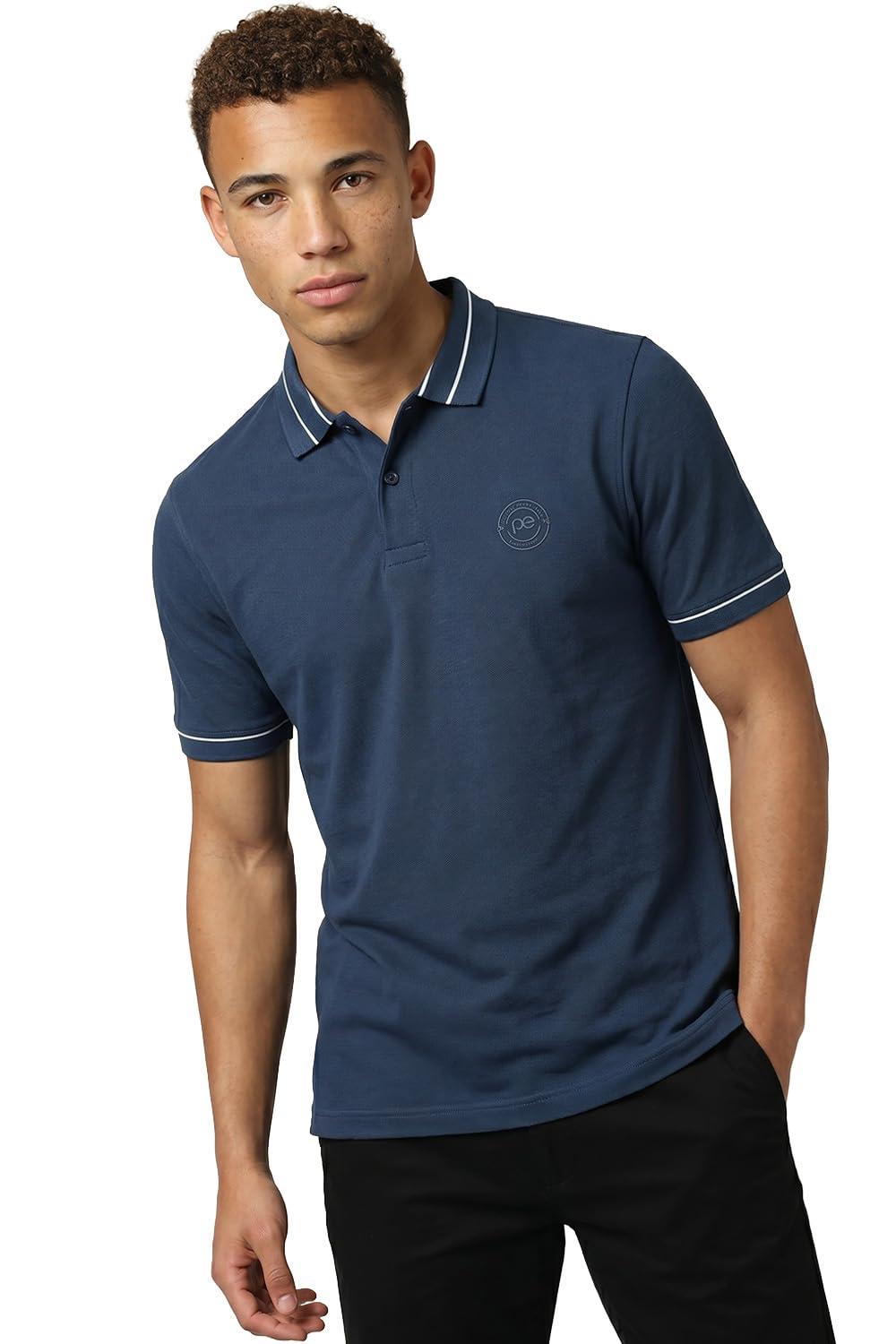 Peter England Men's Regular Fit Branded Insignia Half Sleeve Polo T-Shirt | Cotton Rich | Premium Pique Weave, 2XL, Blue