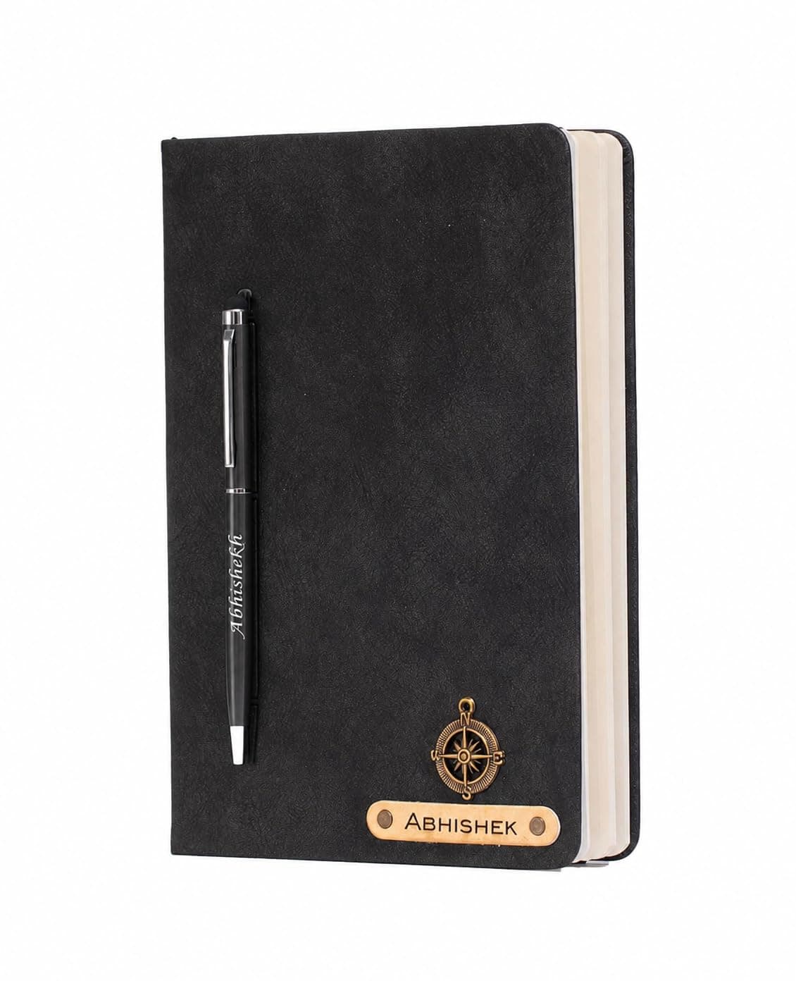 AICA Personalized Name & Charm Magnetic Stick Leather (Black) Diary & Roller Pen |Customized Corporate Gift for Staff Employees |Diwali Gifts for Family and Friends|Diary for Men, Boys| Gifts For Mens