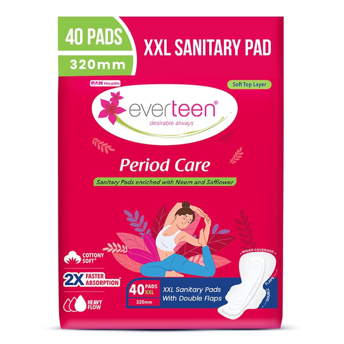 everteen XXL Sanitary Napkin Pads with Cottony-Soft Top Layer for Women Enriched with Neem and Safflower, XX-Large, 320mm Pack of 40,