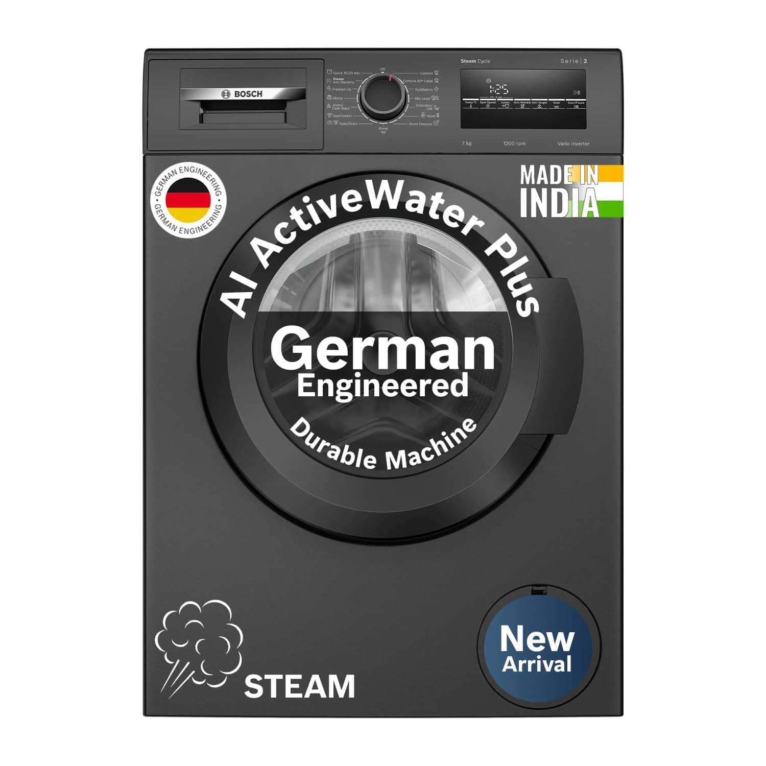 Bosch 7 kg 5 Star Front Load Fully-Automatic Washing Machine, AI ActiveWater, 15 Wash Programs, Removes 99.9% Germs with Steam, No Tangle or Wrinkle, SoftCare Paddle, Black, WAJ24209IN