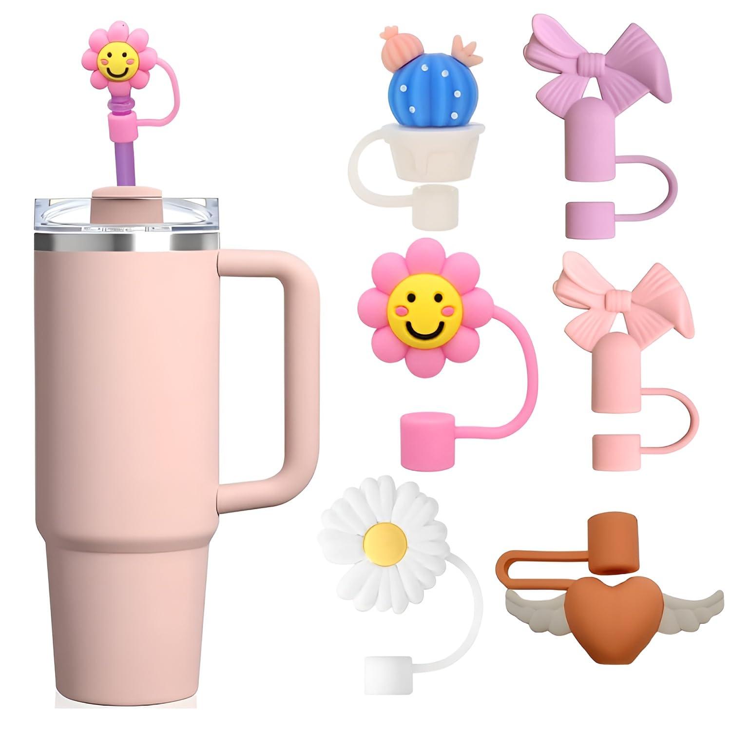 MISHI 6Pcs Silicone Straw Cover Caps for Stanley Tumbler 10mm Straws, Cactus Sunflower Bow Apple Heart Flower Designs, Reusable Dustproof BPA Free Silicone Accessories