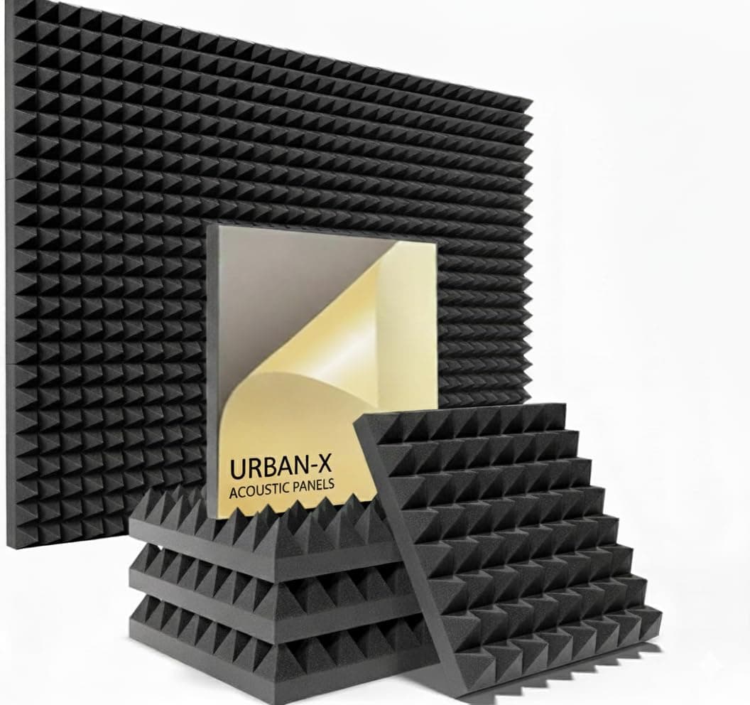 URBAN-X® Pyramid Acoustic Foam Panels 12" X 12" X 2", 38 Kg/m³ High Density Soundproofing Studio Foam & Echo Reduction, Sound Absorption, (Charcoal Black with Self Adhesive, Set of 18)