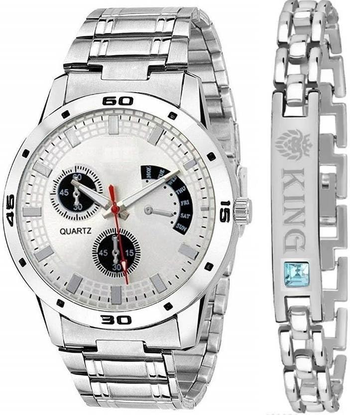 Acnos Analog Watch for Men Stylish Combo of Silver Aveo Dial Stainless Steel Watch and King Bracelet