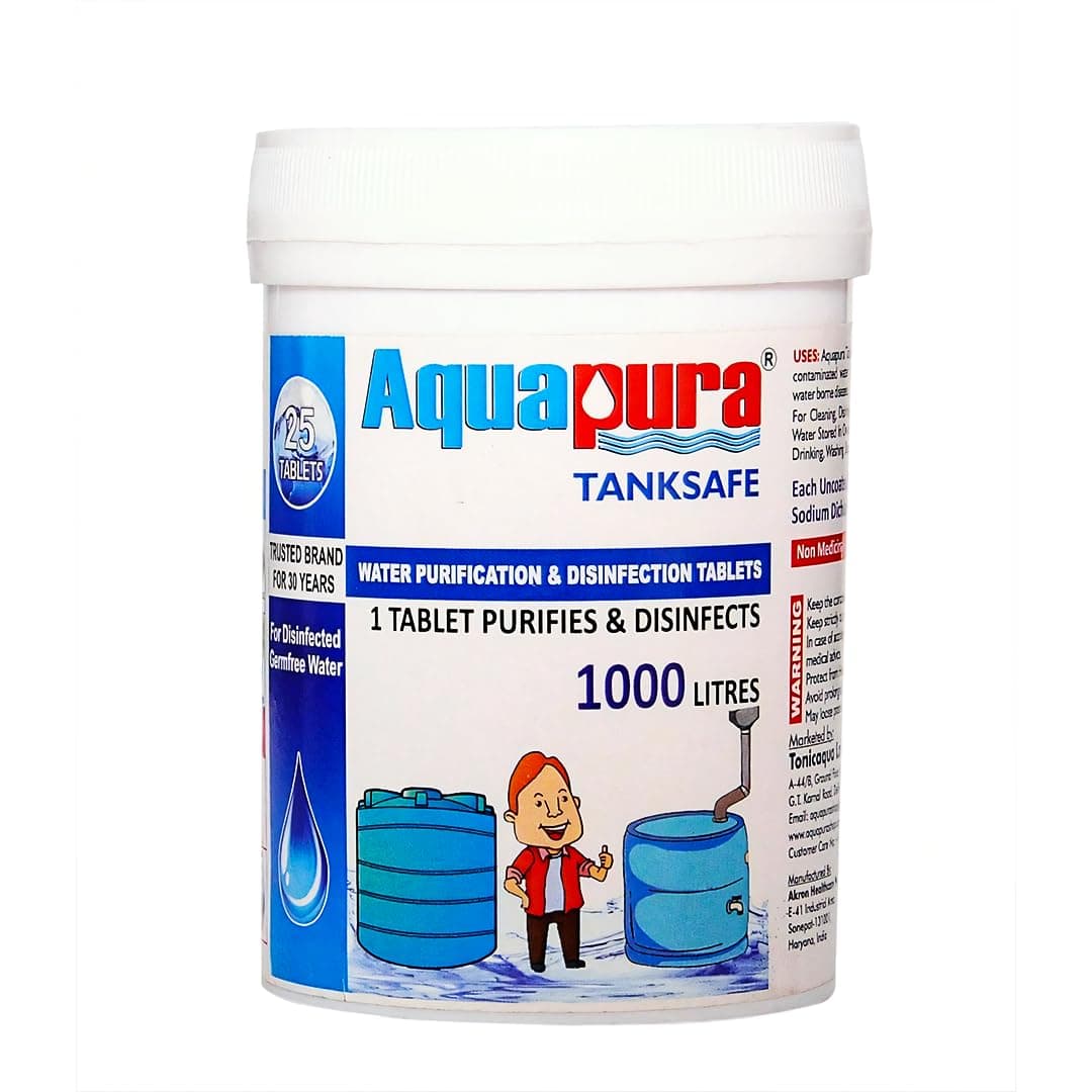Aquapura Chlorine Water Purification Tablets| Each Tablet for 1000 Liters, 25 Tablets Pack|(25000 liters Purification) 3 Years Shelf Life & Warranty, Chlorine Tablets for Overhead & Undergorund Tanks