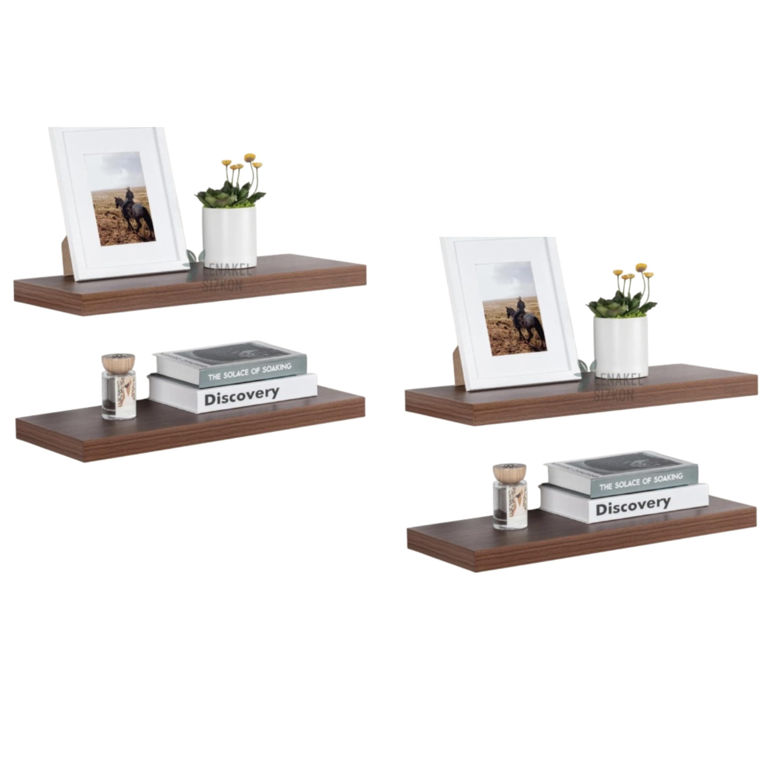 Lenakel Sizkon Wall Mounted Floating Shelf | Wall Rack Shelves and Bedroom Home Decoration Shelf for Living Room (Set of 4, Walnut Finish, Large)