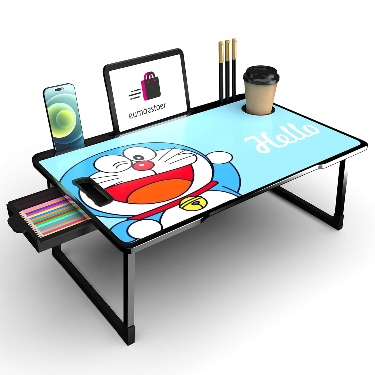 BRINKL Engineered Wood Multipurpose Foldable Laptop Table with Cup Holder | Table Home Study Writing Table, Foldable and Portable/Ergonomic Edges (DORAMON COTED 1)
