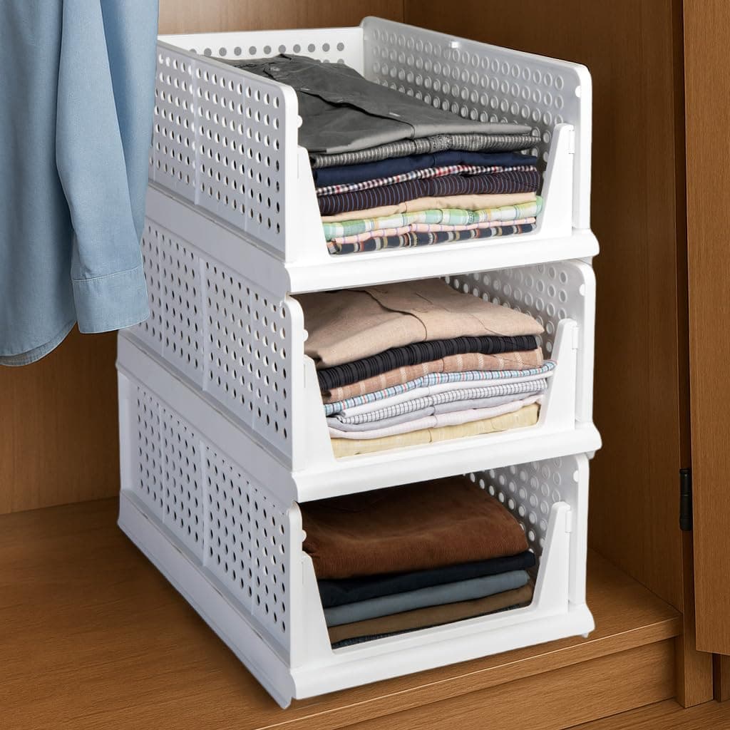 HomeStrap Set of 3, Stack it Up | Large Cloth Stacker | Foldable Shirt Storage Stacker for Wardrobe | Plastic Stackable Closet Organizer | White | 44L x 33W x 19H Centimeters