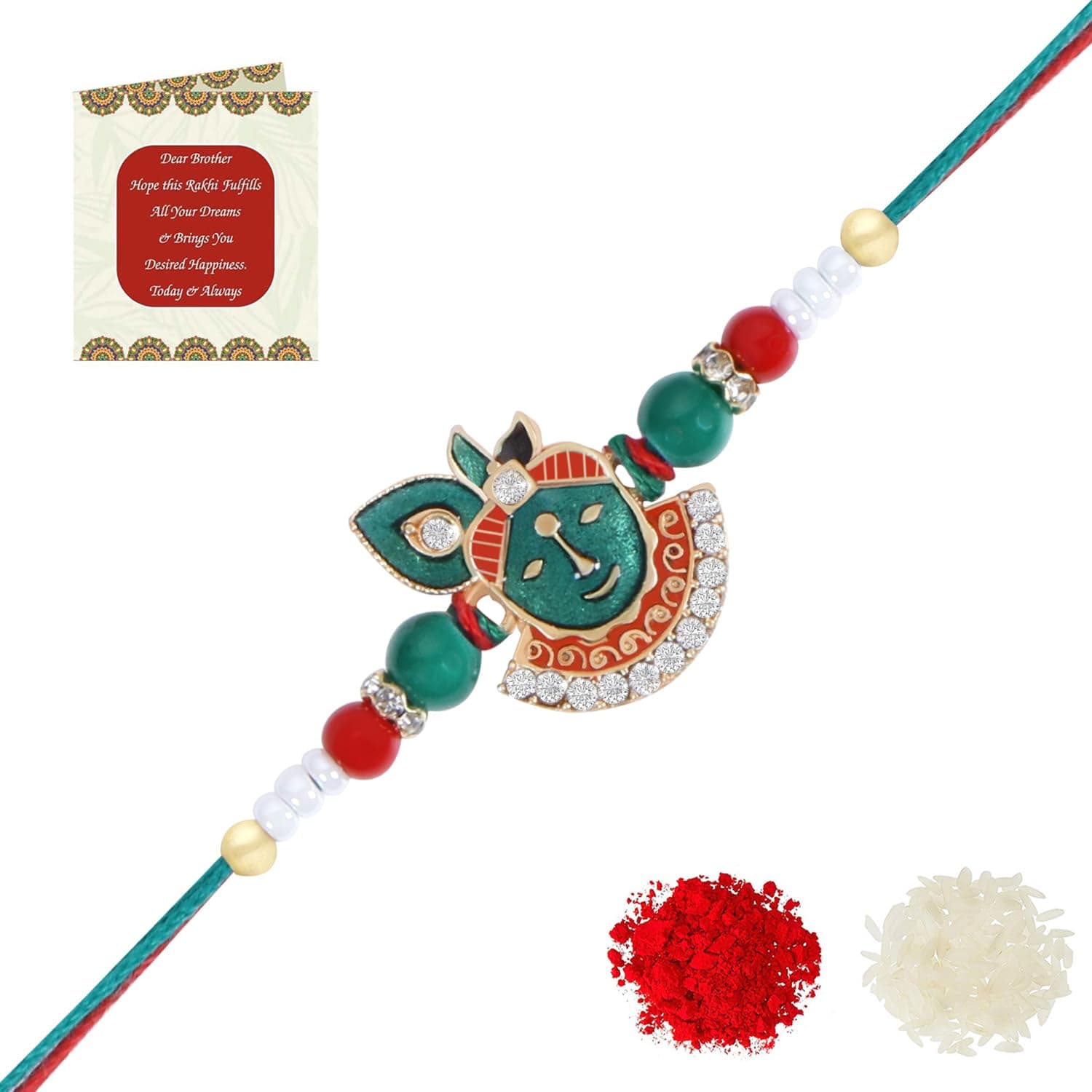 Riddhika Ventures Religious Gold Plated Meenakari Sacred Ganesha Rakhi with Roli Chawal and Greeting Card (V1)