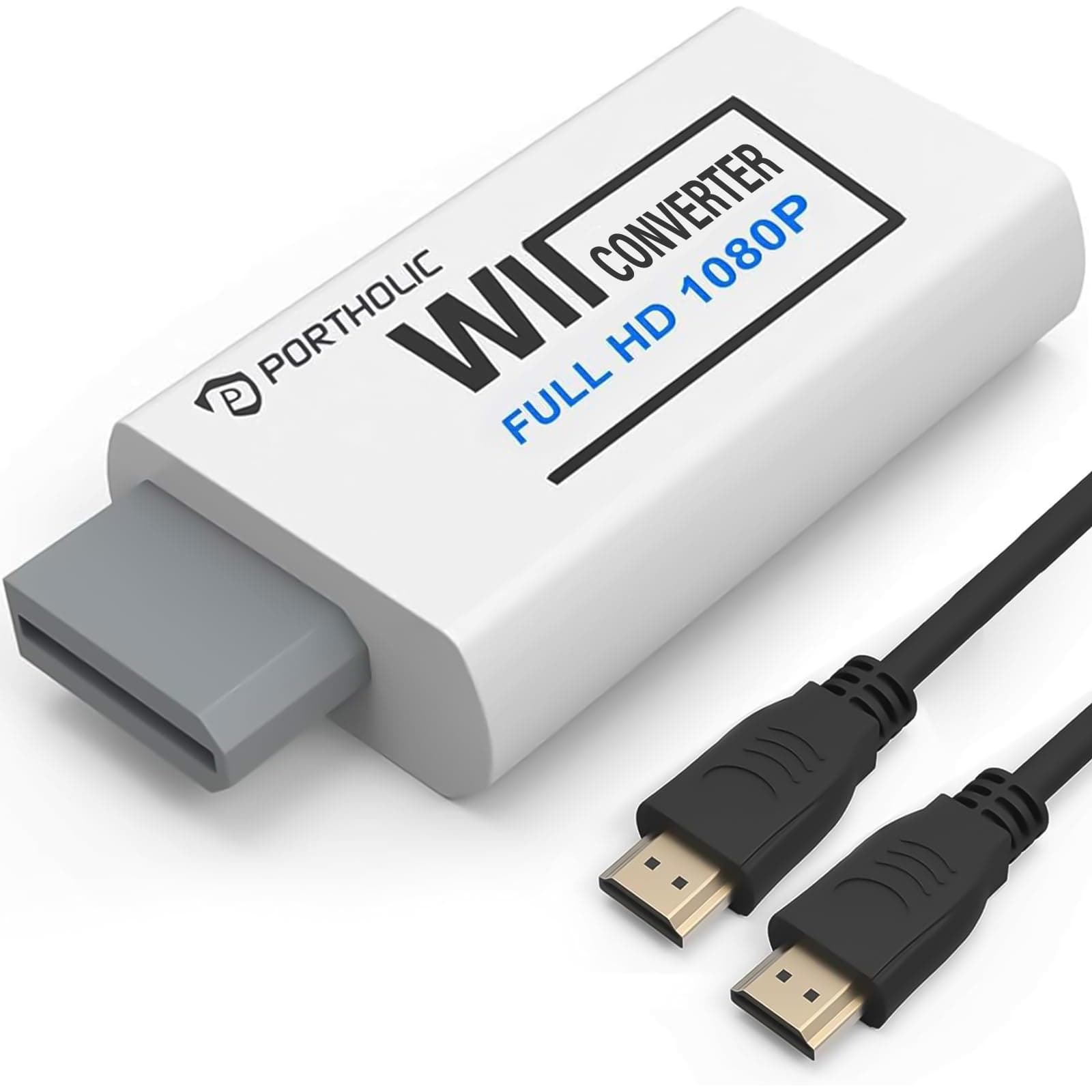 PORTHOLIC Wii Adapter HDMI Adapter to HDMI Converter with 1080P/720P Input and Output Video and Audio 3.5 mm + HDMI Cable for All Display Modes (White)