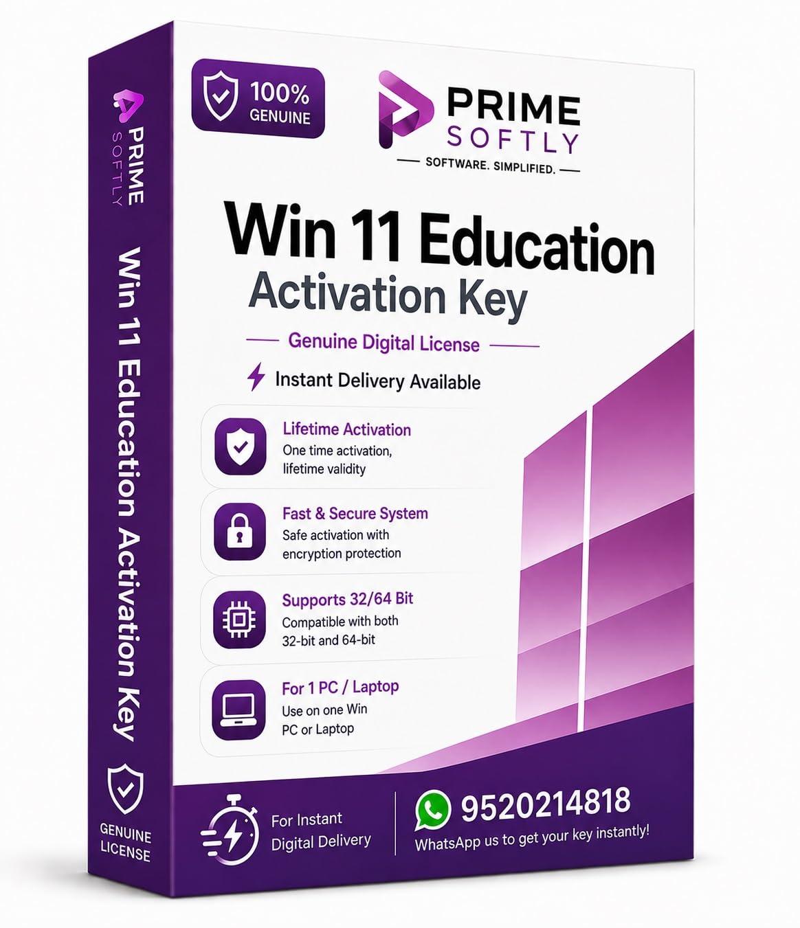 Win 11 Education Activation Key | Professional Edition Digital License Key for PC | Instant Digital Delivery | Online Activation | 32/64 Bit Compatible