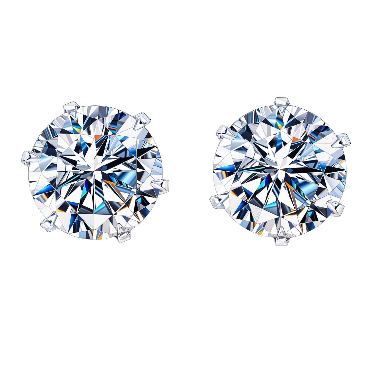 HIGHSPARK 925 Silver Solitaire Stud Earrings | 92.5 Sterling Silver & Round Brilliant Cubic Zirconia Tops for Men Women | Silver 6mm