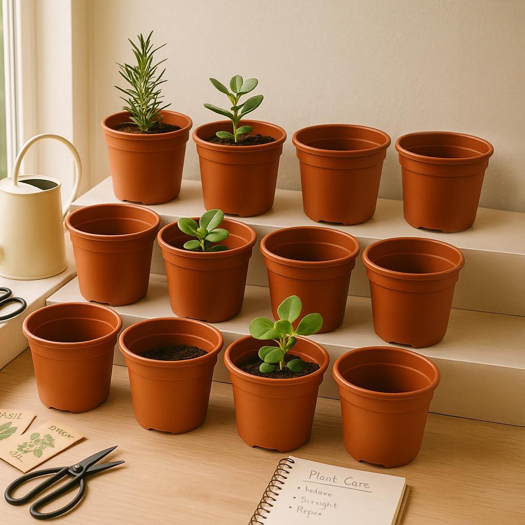 Ugaoo Garden Plastic Pots for Indoor Plants (4 inch, Brown/Terracotta Color, Set of 12)