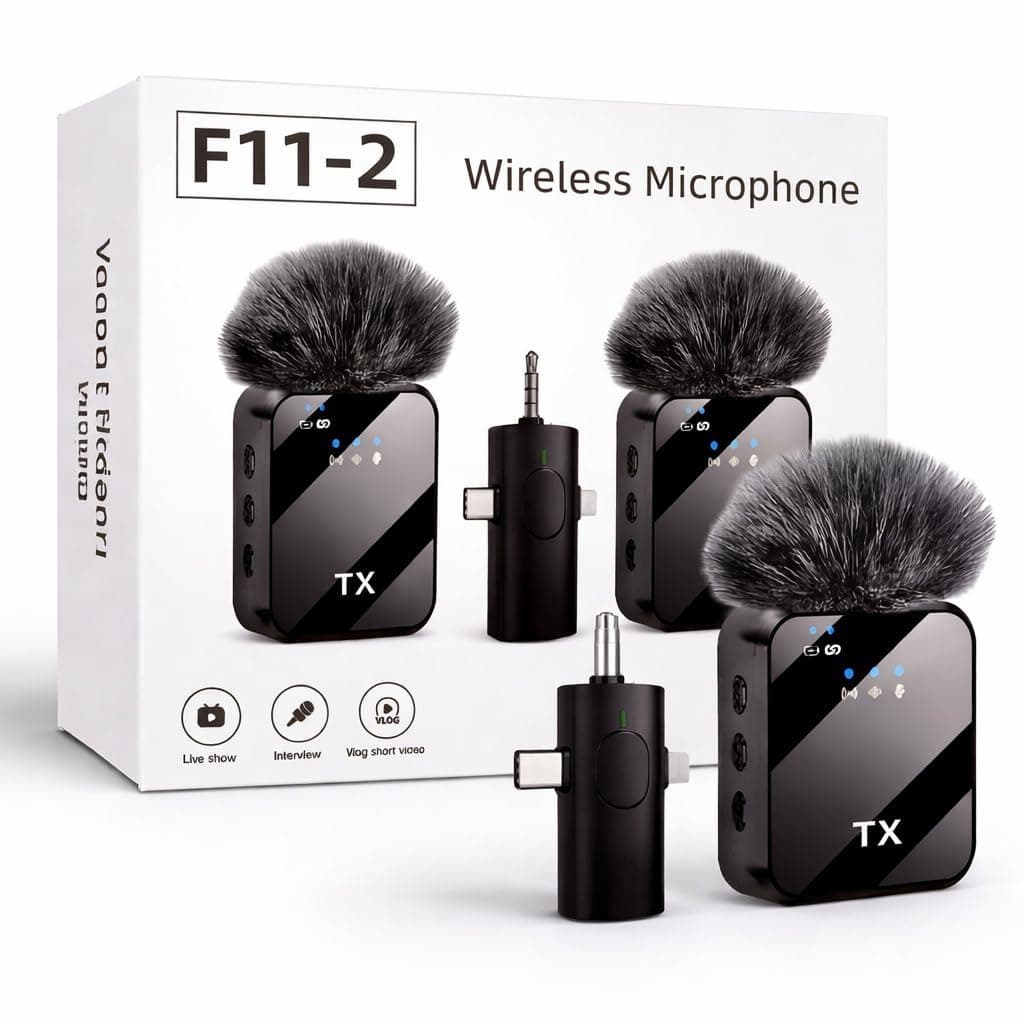 Vexcrion Wireless Lavalier Microphone with Noise Reduction, Dual Clip Mic with Furry Windshield, Type-C & 3.5mm Receiver, Portable Wireless Mic for YouTube, Vlogging, Interviews (Microphone 1)