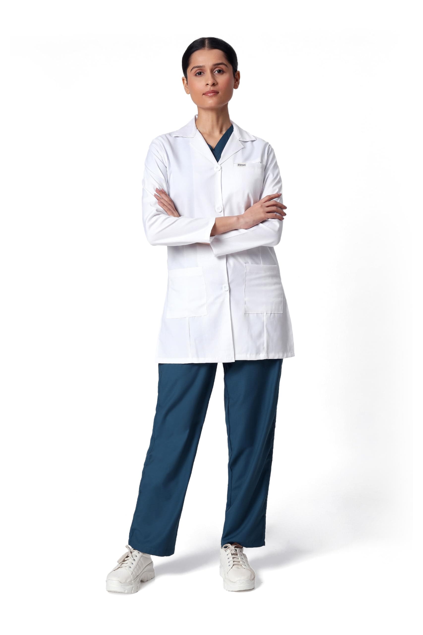KNYA Women's Lab Coat | Poly Viscose Long Sleeves Long Medical Apron | 3 Pockets Apron Lab Coat | Uniform for Doctors | XXXL, White