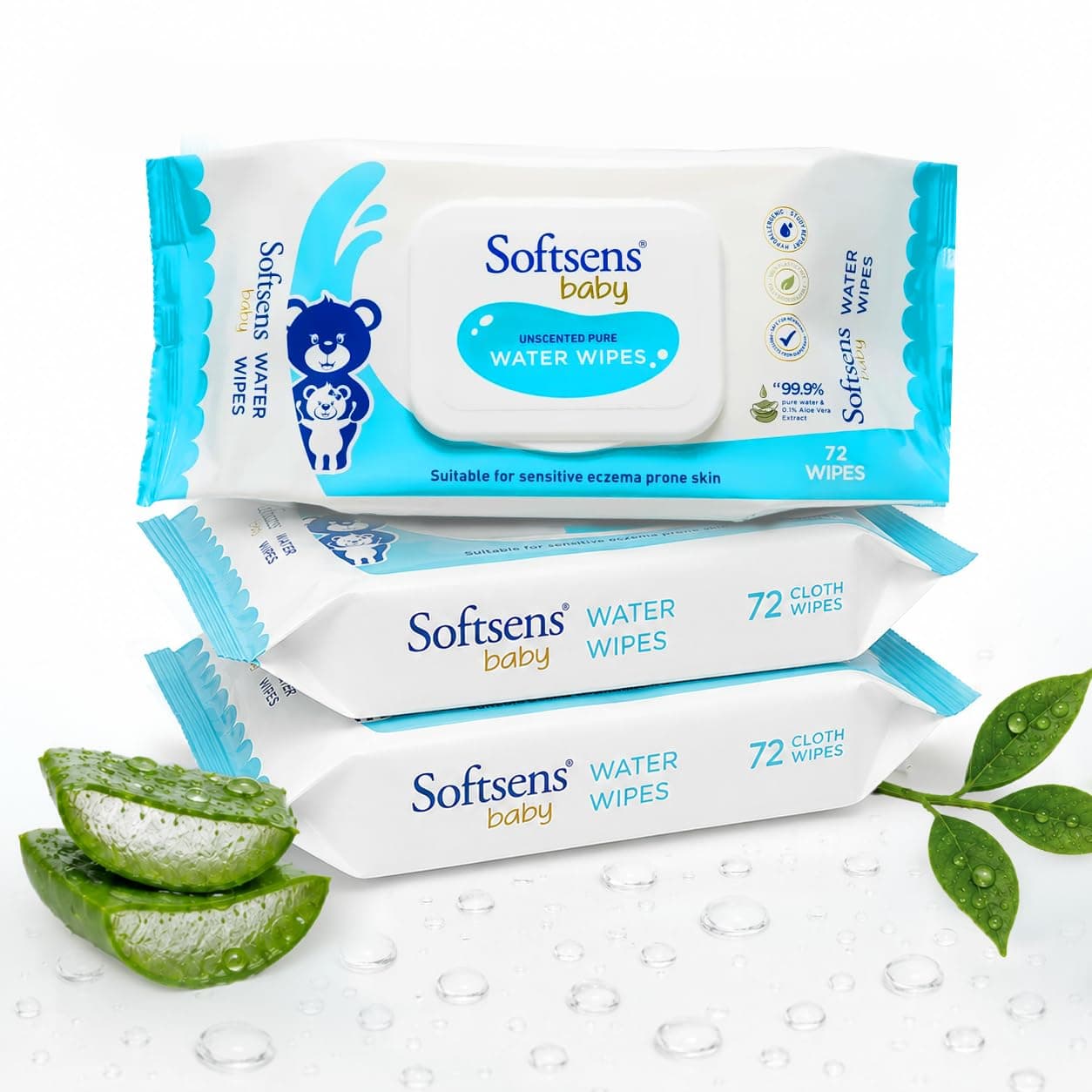 Softsens Baby 99.9% Pure Water Wipes | Pure Aloe Vera Extract with Lid Wipes For Babies (Pack of 3)