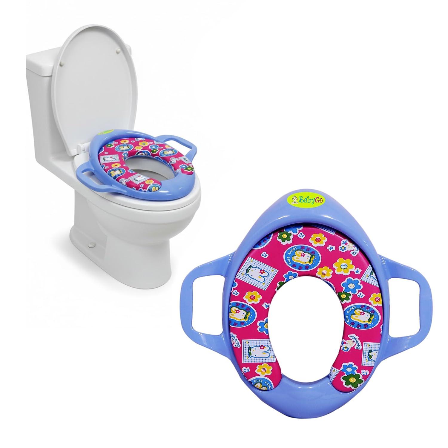 BabyGo Cushioned Potty Training Seat for Kids | Comfortable Padded Toilet Seat with Handles & Splash Guard | Portable, Non-Slip, Easy-to-Clean Potty Chair for Boys & Girls (Blue)