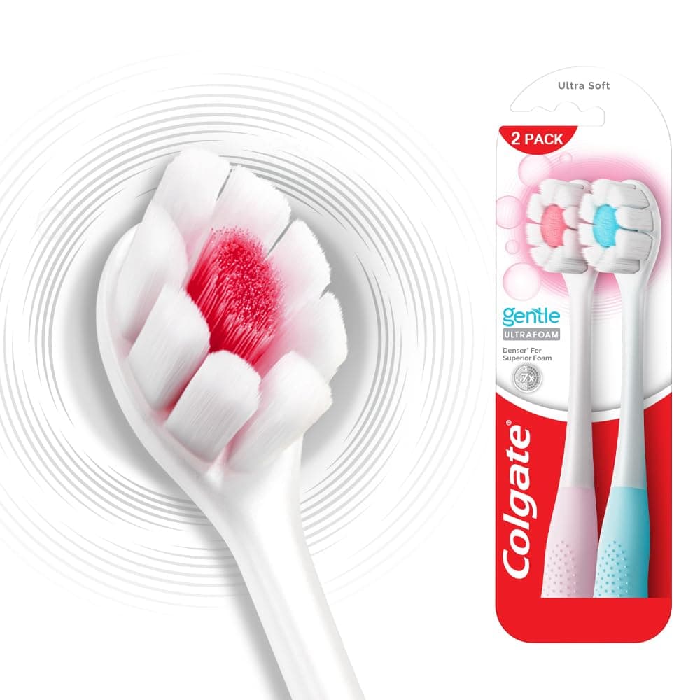 Colgate Gentle UltraFoam Ultra Soft Bristles Manual Toothbrush for adults, 2 Pcs, Soft Bristles for Superior Clean, Assorted