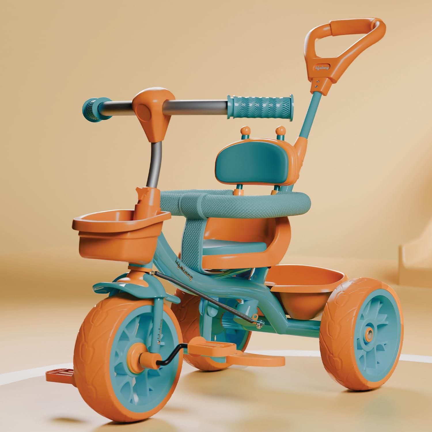 Lifelong Kids Harness Parental Control Tricycle with EVA Wheels, Bell & Storage Basket|Baby Trike|Age Group 1 Years to 4 Years Carrying Capacity Upto 25 kgs(Green/Tan)