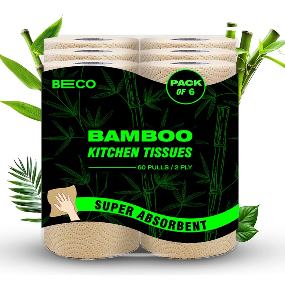 Beco- 2 Ply Kitchen Towel Rolls | 360 Pull (60 pulls x 6 roll) | Super Absorbent |100% Ecofriendly- Pure Bamboo Pulp | Chemical Free Paper Tissue| Pack of 6