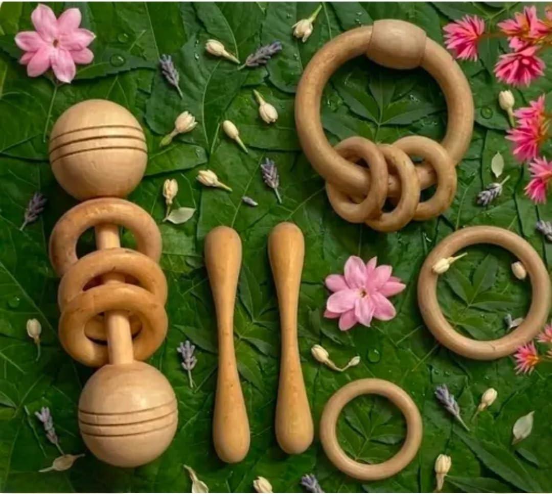 Natural Wood Neem Wooden Teether Set for Babies, Ring Rattle and Grasping Toy
