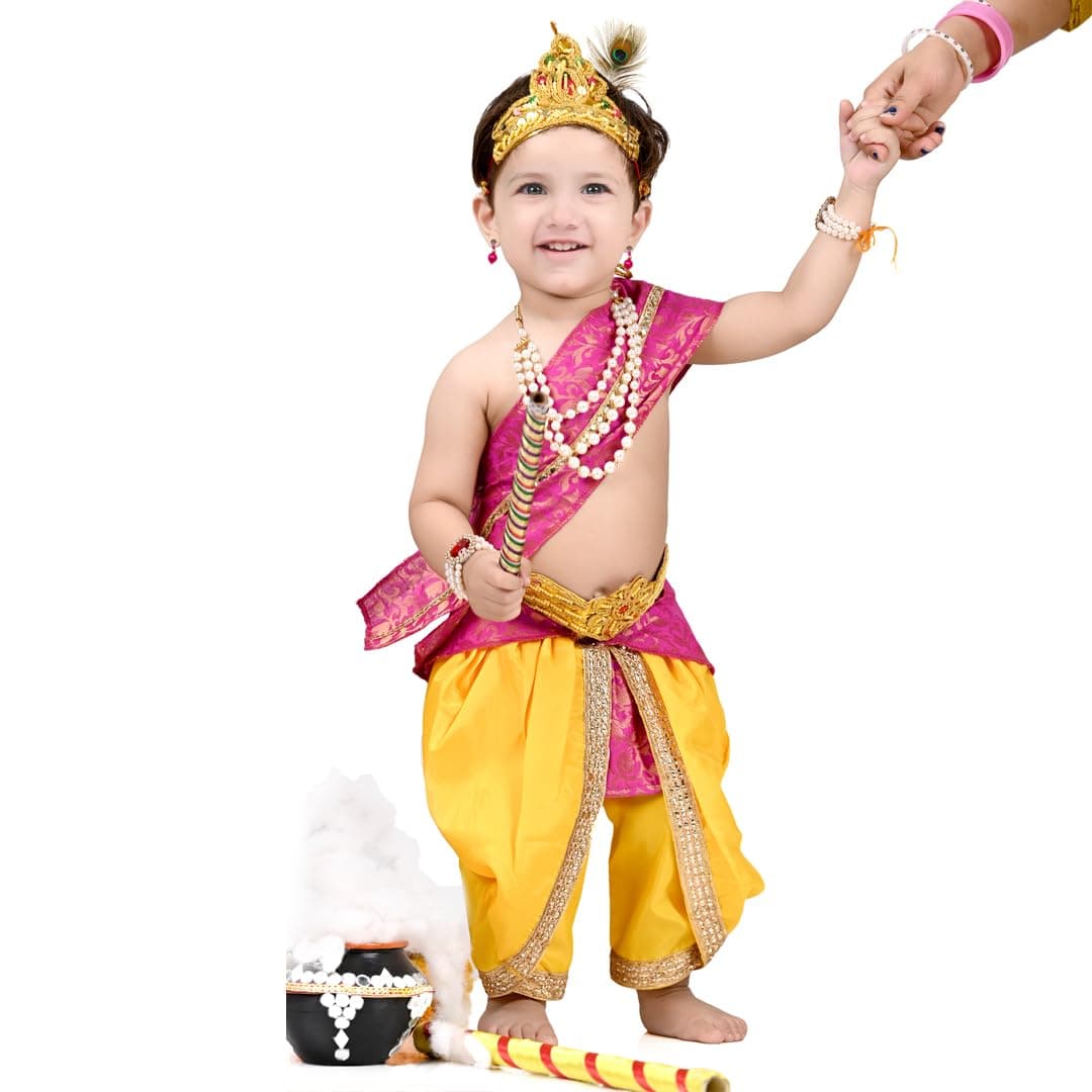 ITSMYCOSTUME Silk Krishna Dress For Baby Boy & Kids. Complete Set With Dhoti,Hip Cover,Patka And 7Pcs Jewellery. Little Krishna Ji/Kanha/Janmasthmi Costume, Pink
