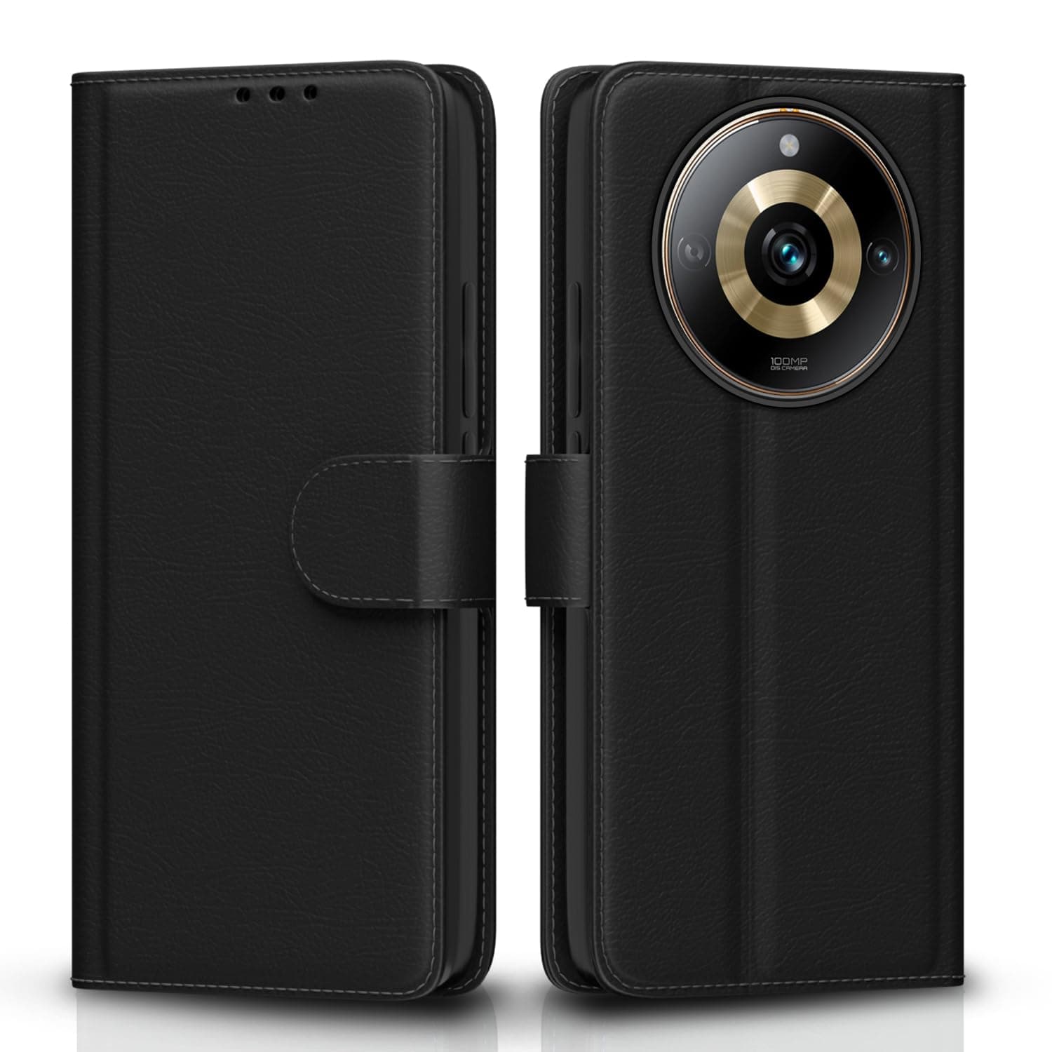 Pikkme Realme 11 Pro / 11 Pro Plus 5G / Narzo 60 Pro 5G Flip Cover Leather Finish | Inside TPU with Card Pockets | Wallet Stand and Shock Proof | Complete Protection Flip Case (Black)
