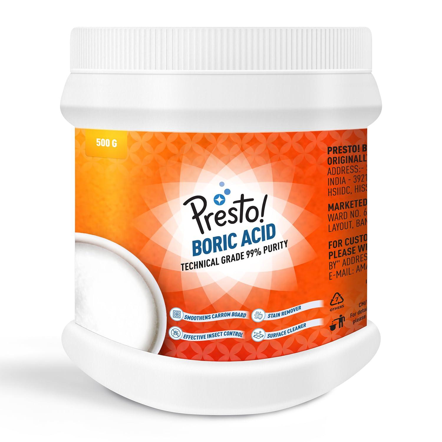 Amazon Brand - Presto! Boric Acid Powder | 500 Gram | Technical Grade 99% Pure | Multipurpose Use for Pest Control, Cleaning, & Carrom Board