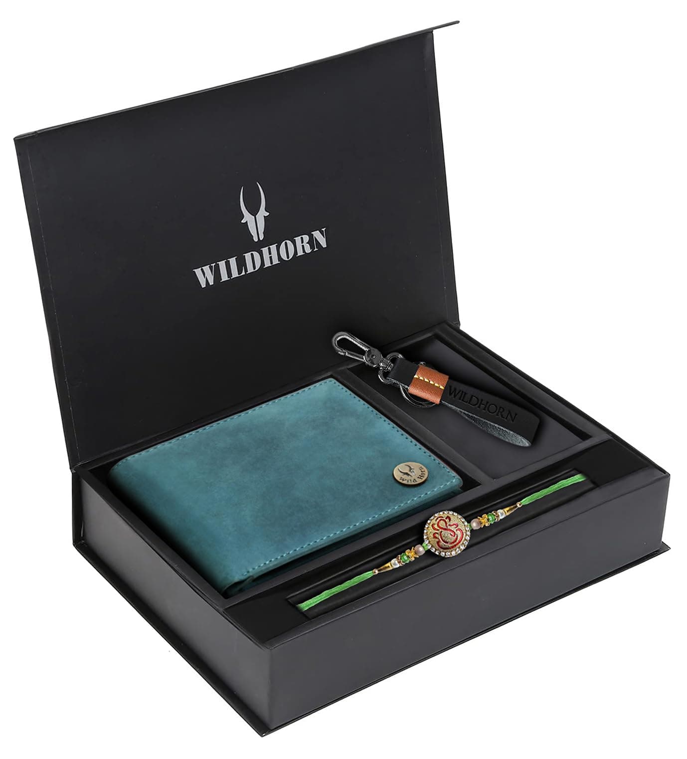 WildHorn Rakhi Gift Hamper for Brother - Classic Men's Combo/Gift Set of Leather Wallet, Keyring and Rakhi for Brother/Bhaiya. (Blue Hunter)