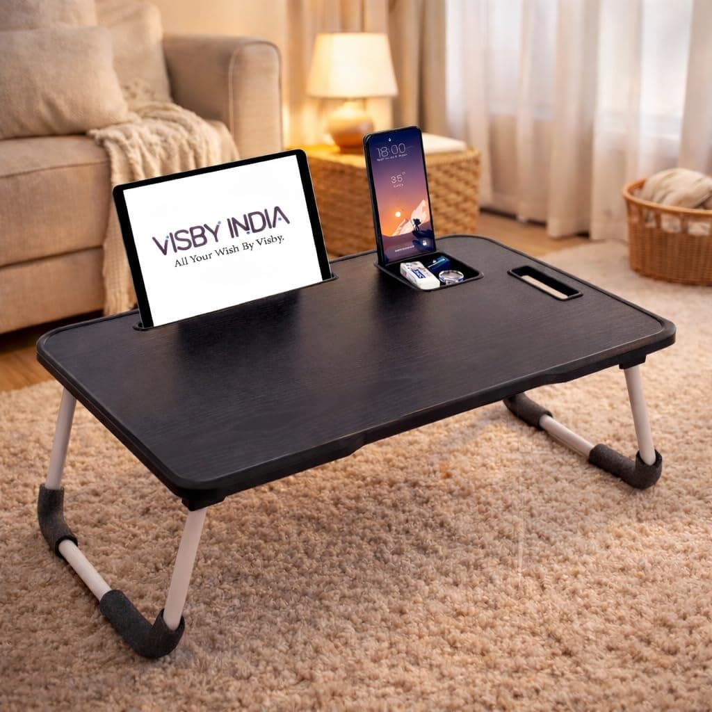 SPHENI Smart Multipurpose Foldable Laptop Table with Cup Holder, Study Table, Bed Table, Breakfast Table, Foldable and Portable/Ergonomic & Rounded Edges/Non-Slip Legs (Black NEW)
