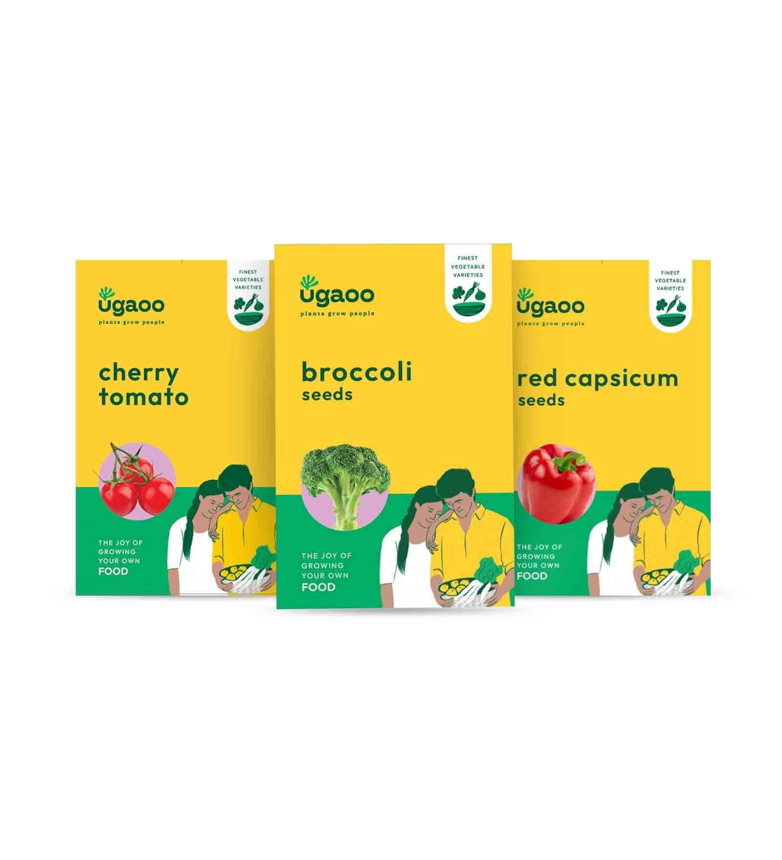 UGAOO Vegetable Seeds Combo for Home Garden – Cherry Tomato, Broccoli & Red Capsicum