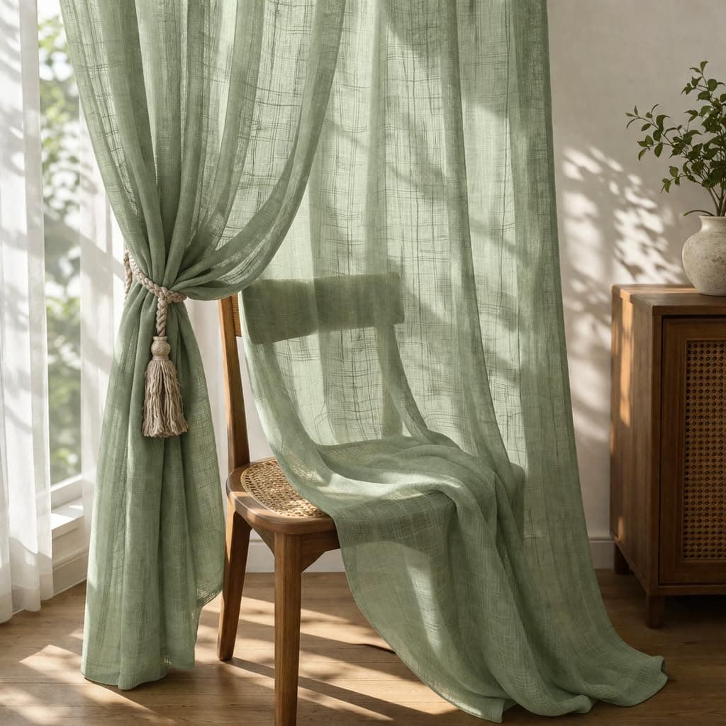 THE LINEN COMPANY Cotton Linen Sheer Long Door Drapes, Lightweight Transparent Curtain with Rod Pocket, Soft Light Filter Privacy Panel for Home Decor, Avocado Green, 8 Feet, Pack of 2