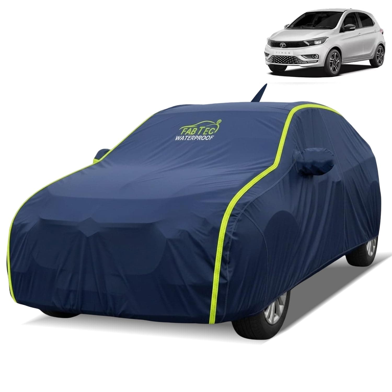 FABTEC Waterproof Car Body Cover for Tata Tiago New Outdoor/Indoor All Weather Protection with Mirror & Front Antenna Pocket Triple Stitched (Premium Navy Blue with Neon Piping)