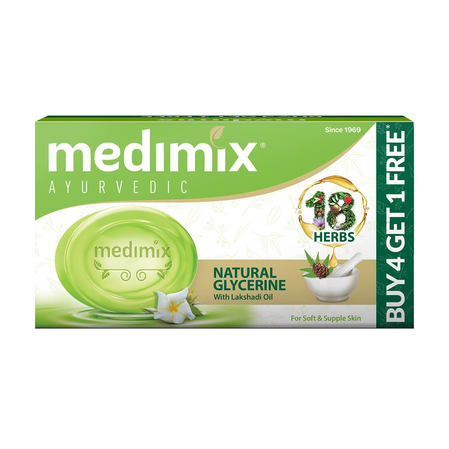 Medimix Ayurvedic Natural Glycerine Bathing Soap with Lakshadi Oil for Soft, Supple & Moisturised Skin 125G (Buy 4 Get 1 Extra Combo Pack) | Natural | Herbal | Paraben-Free & Sulphate-Free |100% Vegan