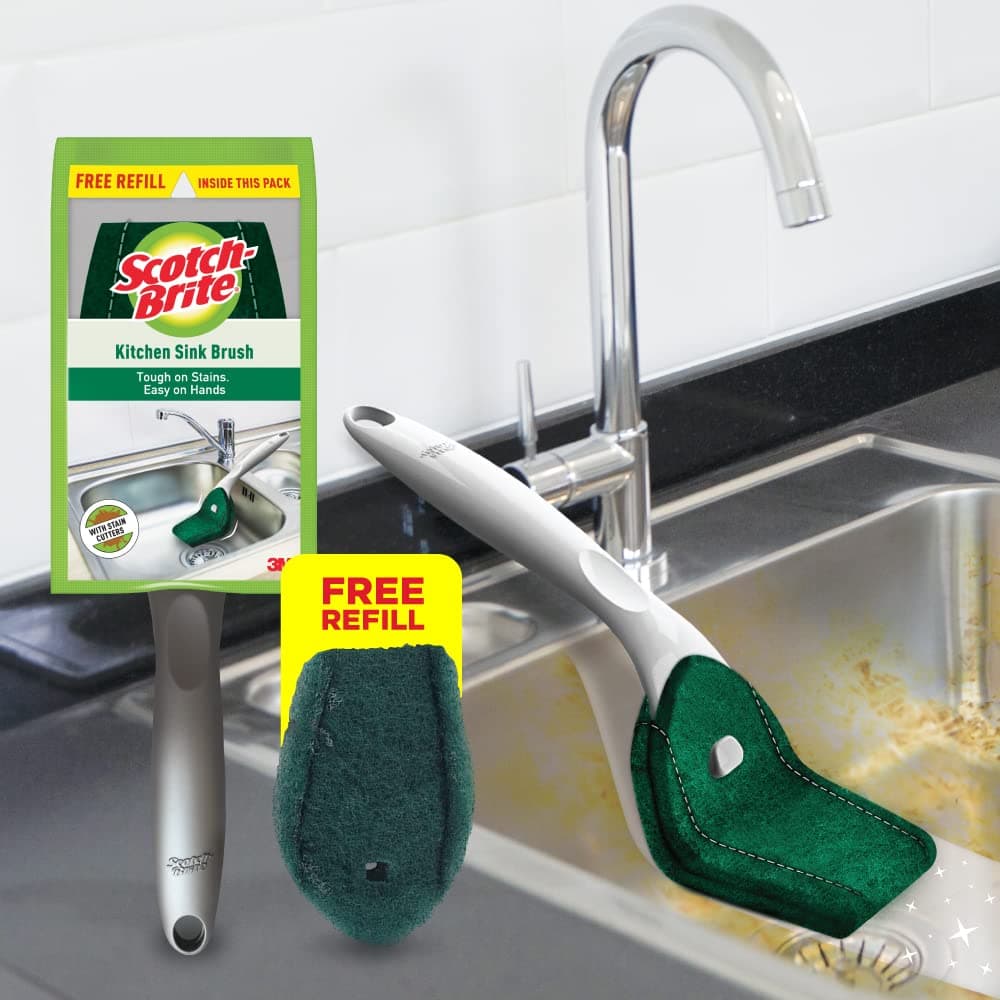 Scotch-Brite Kitchen Sink Brush with Handle and Refill Brush Head | For Cleaning Kitchen Sink, Basins, Tiles, Utensils | Removes Tough Stains, Easy to Hold