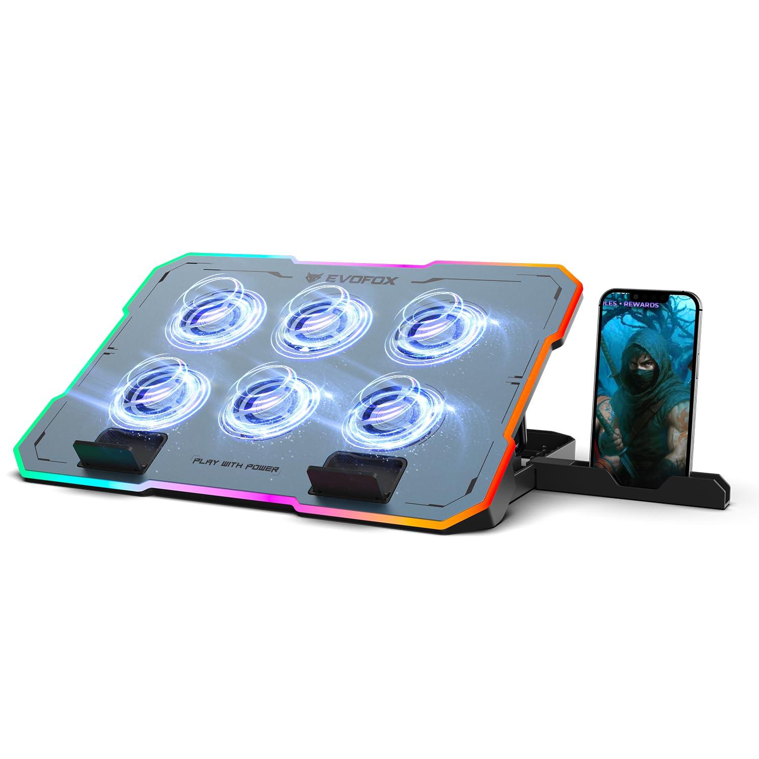 EvoFox Typhoon 2 Laptop Cooling Pad | 6 High-Speed Fans, RGB Lights, Adjustable Stand & Dual USB Ports, Premium Metal Laptop Cooler Pad for Gaming Laptops, Quiet Operation & Ergonomic Design (Blue)