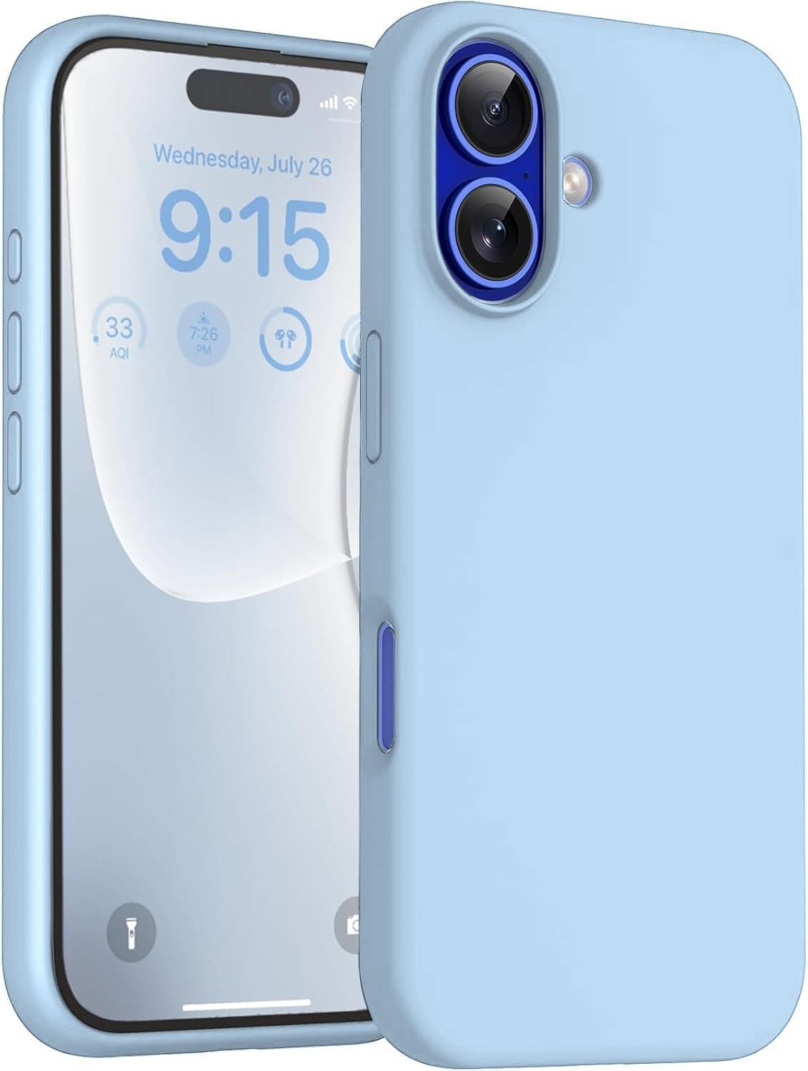 DIZORO Compatible for iPhone 16 Case Slim Liquid Silicone 3 Layers Full Covered Soft Gel Rubber Phone Case Protective Cover 6.1 Inch -Ice Blue