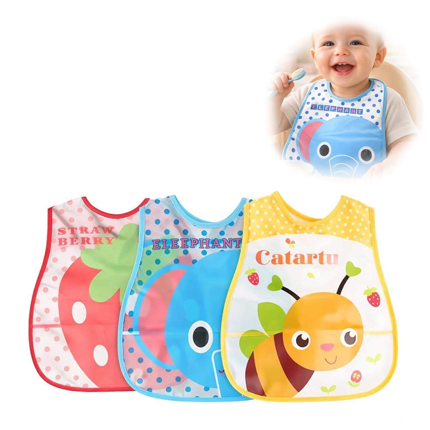 BabyGo Waterproof Baby Apron Bibs | Easy-to-Clean Feeding Bibs with Spill-Proof Design, Soft, Reusable & Lightweight Aprons for Infants & Toddlers | Pack of 3 (Random Colors)
