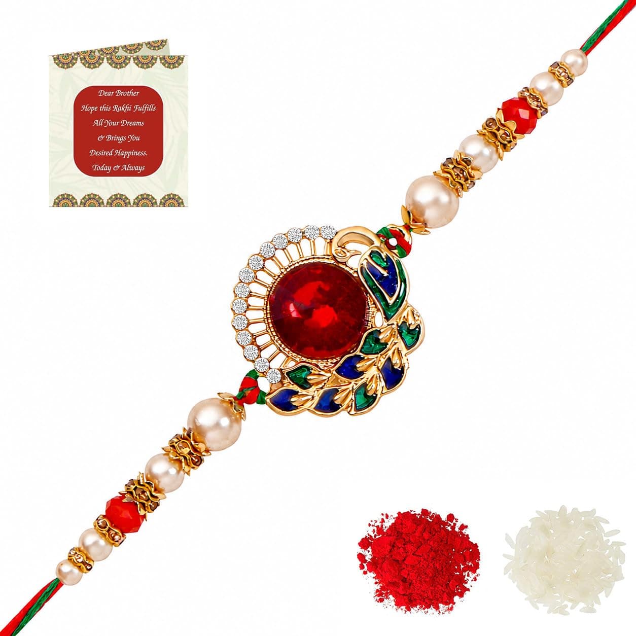 Riddhika Ventures Stylish Kundan and AD Ring Rakhi with Roli Chawal and Greeting Card (K12)