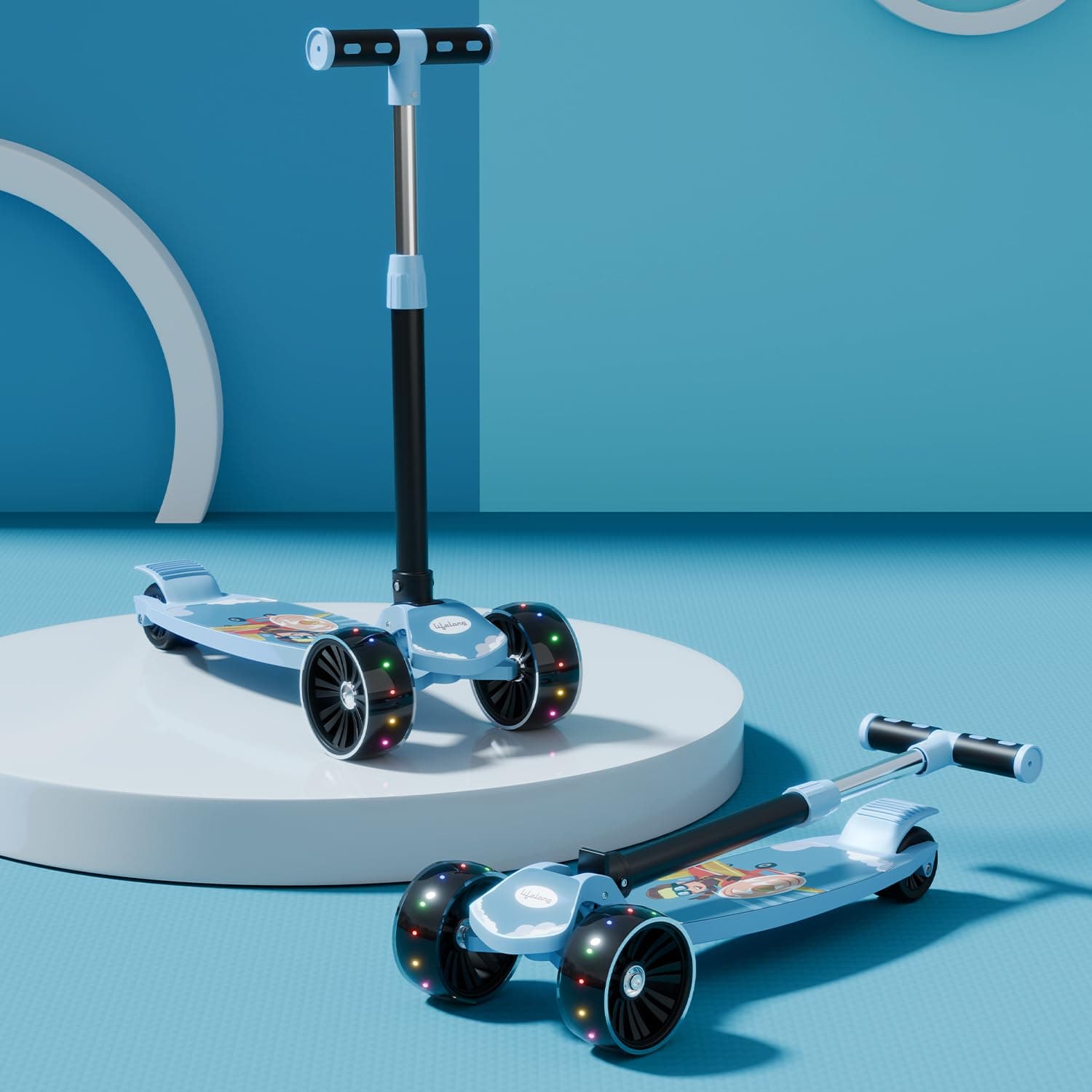 Lifelong Foldable Kids Kick Scooter with LED Wheels & Adjustable Height - Capacity 50kg- for Baby 3+ Year Old boy & Girl - Skate, Blue