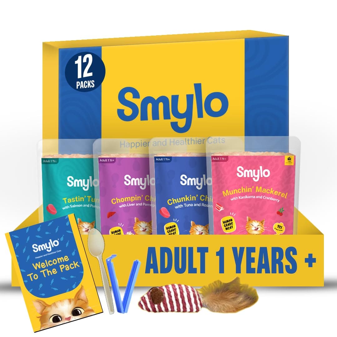Smylo Natural Healthy Adult Cat Wet Food Trial Box (1+ Yrs) 70g x 12 Packs | Chicken, Tuna, Mackerel and Chicken & Tuna Recipes | Grain Free, No Preservatives & by-Products | Vet-Formulated