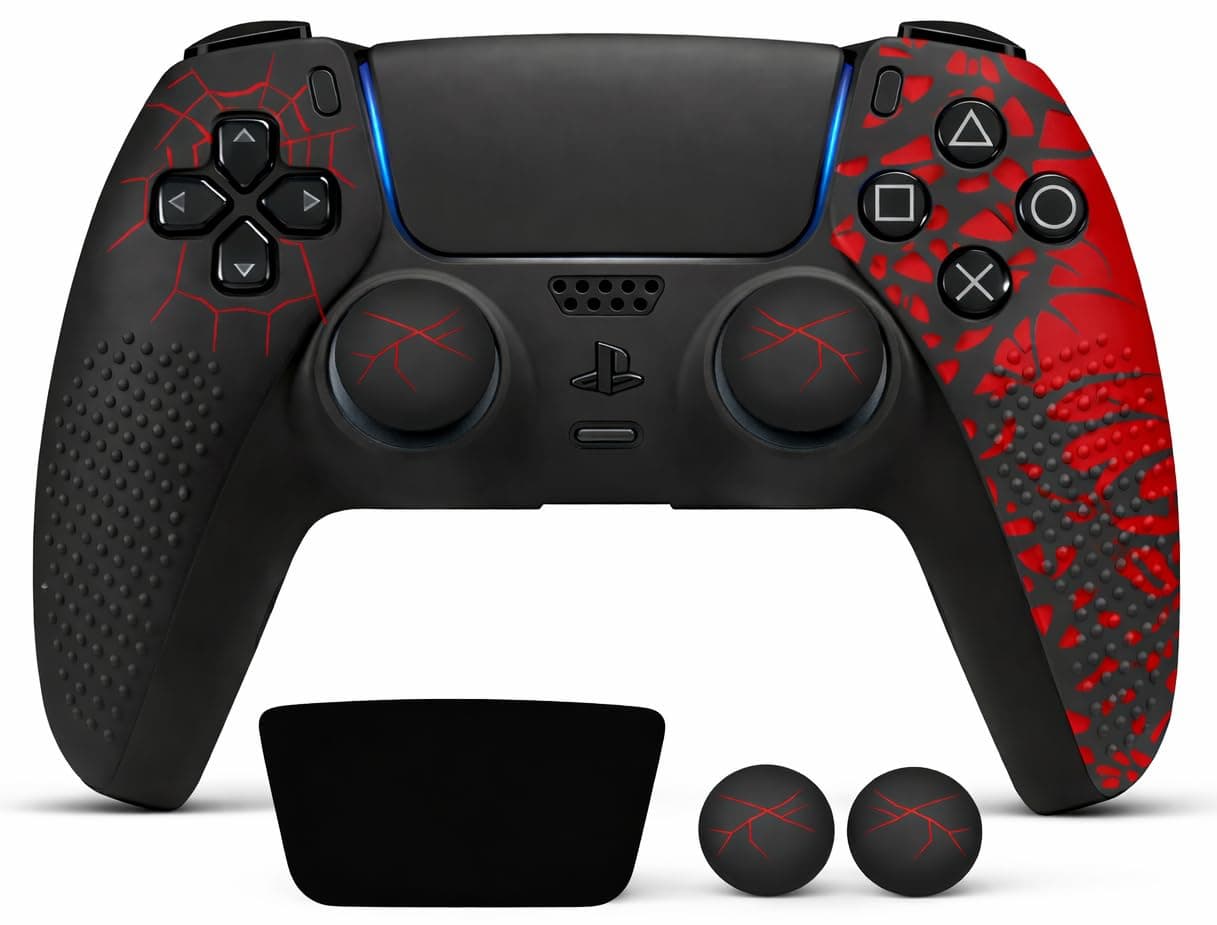 Meyaar Anti-Slip Silicone Cover for PS5 Controller with Thumb Grip Caps & Touchpad Sticker Made for PS5 Controller Only. (Bloodline Black (1 Pack))