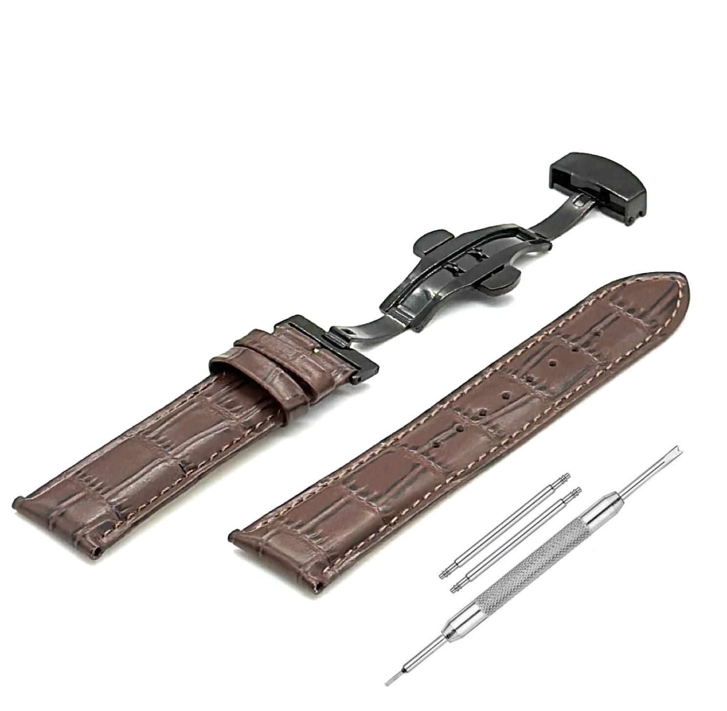 Lineon 22mm Half Padded Genuine Leather Mens Watch Strap with ButterFly Lock For Branded Watches Tool and Pins Include (BROWN & BLACK Buckle)