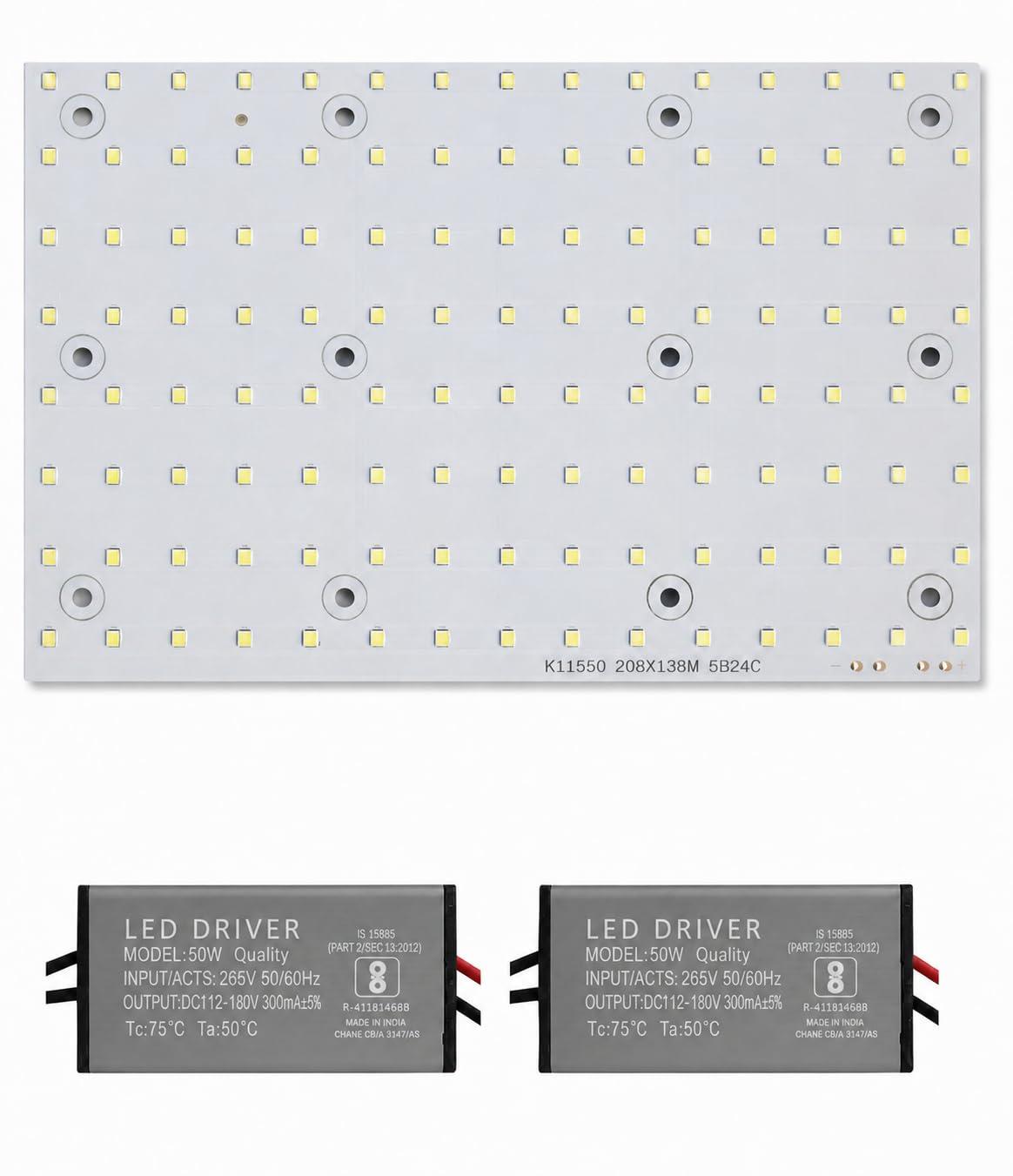 Khatu® 100 Watt LED MCPCB Plate with 2 Pcs 50W Driver, High Lumen LED, 100 Lumen per Watt, High Brightness, Durability, White Colour, 6500 K, Pack of 1