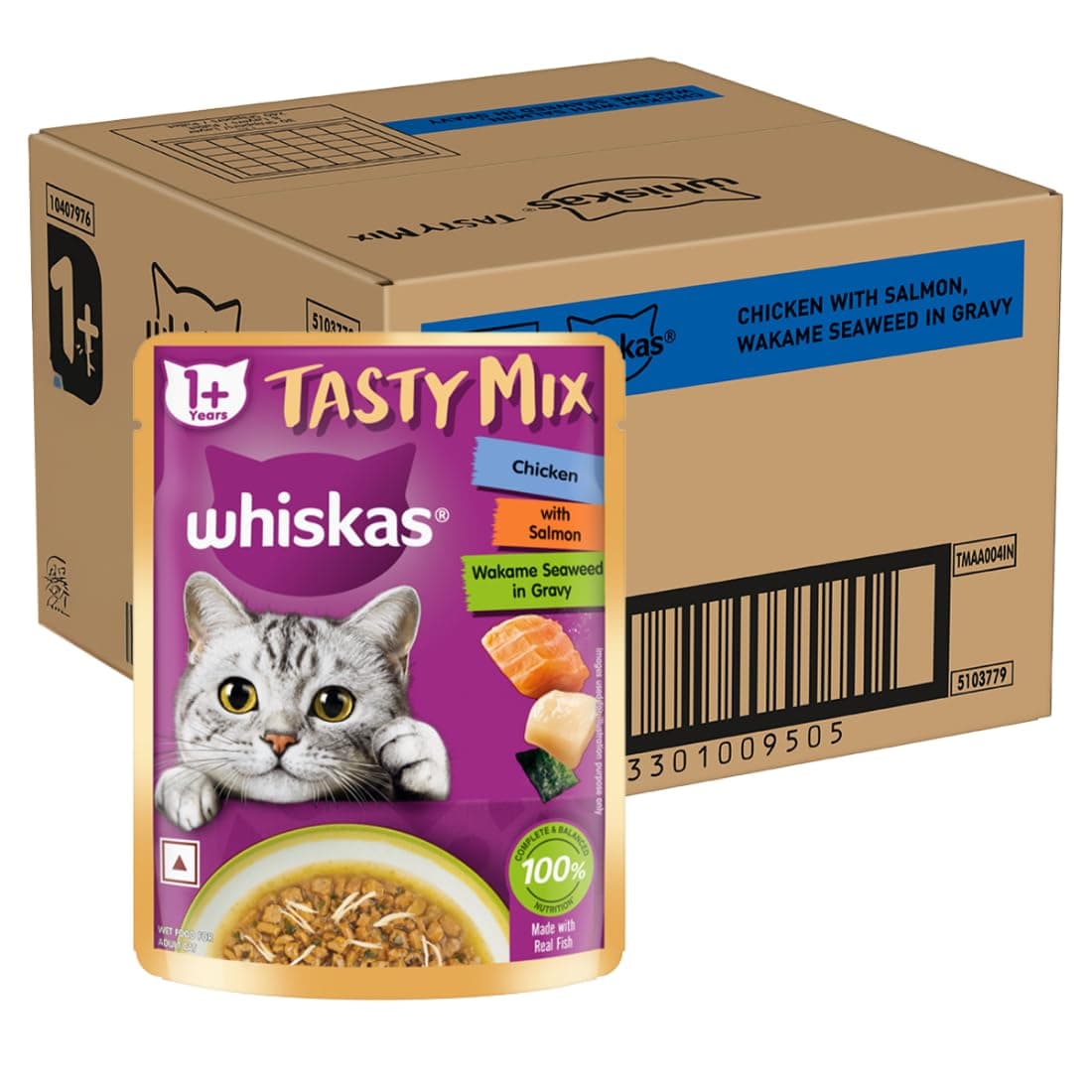 Whiskas Tasty Mix Adult (1+ Year) Wet Cat Food, Chicken with Salmon Wakame Seaweed in Gravy, 70 g, Pack of 28|Made with Real Fish|Complete & Balanced Nutrition for Adult Cat